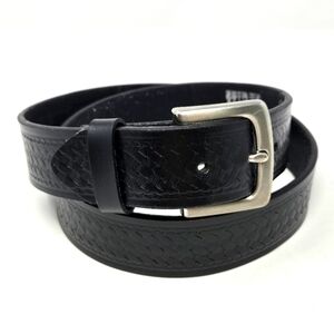 HIRED HAND BLACK LEATHER BELT BASKET WEAVE DESIGN SILVER BUCKLE MEN 38 WESTERN